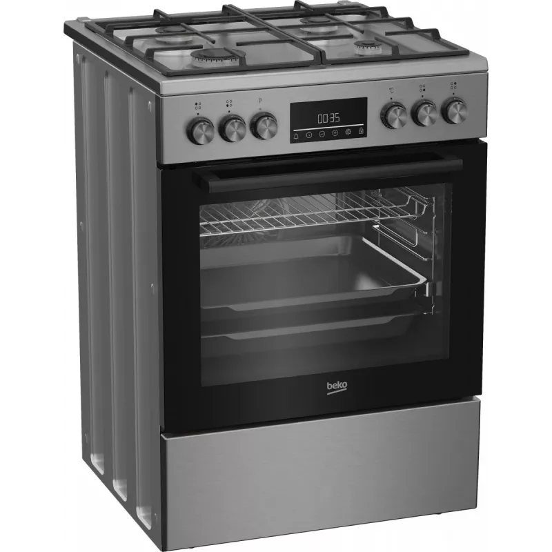 Wolnostojąca kuchenka gazowo-elektryczna BEKO FBM62330GXTN 60 cm, 4-palnikowa płyta gazowa, 72 L piekarnik elektryczny, klasa energetyczna A