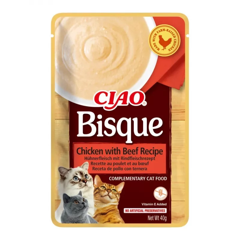 INABA Ciao Bisque zupa krem przysmaki dla kotów, z kurczakiem, wołowiną i rybą, 24 x 40 g