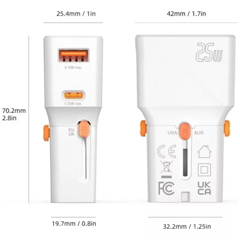 Ładowarka podróżna 25W World Travel 25W USB-C + A