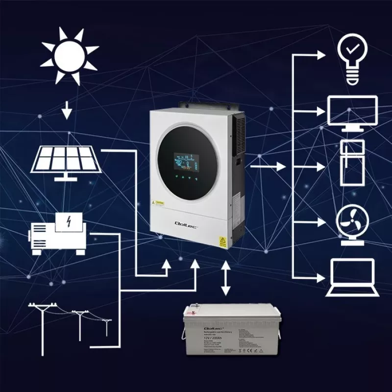 Qoltec, przetwornica napięcia, hybrydowy falownik solarny Off-Grid 4kVA 4kW 120A MPPT LCD Wi-Fi BMS Sinus