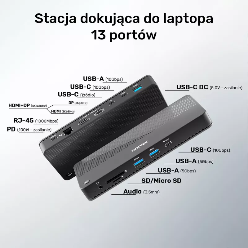 Stacja dokująca UNITEK D1079A USB4 przewodowa czarna 100W Power Delivery