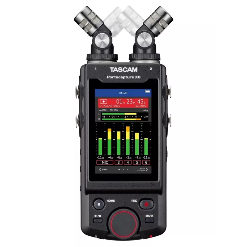 Przenośny wielościeżkowy rejestrator audio Tascam Portacapture X8 — 6 kanałów, 24/32-bit, do 96 kHz, 4 wejścia combo XLR/TRS, karta SD, USB-C, zasilanie bateryjne lub sieciowe