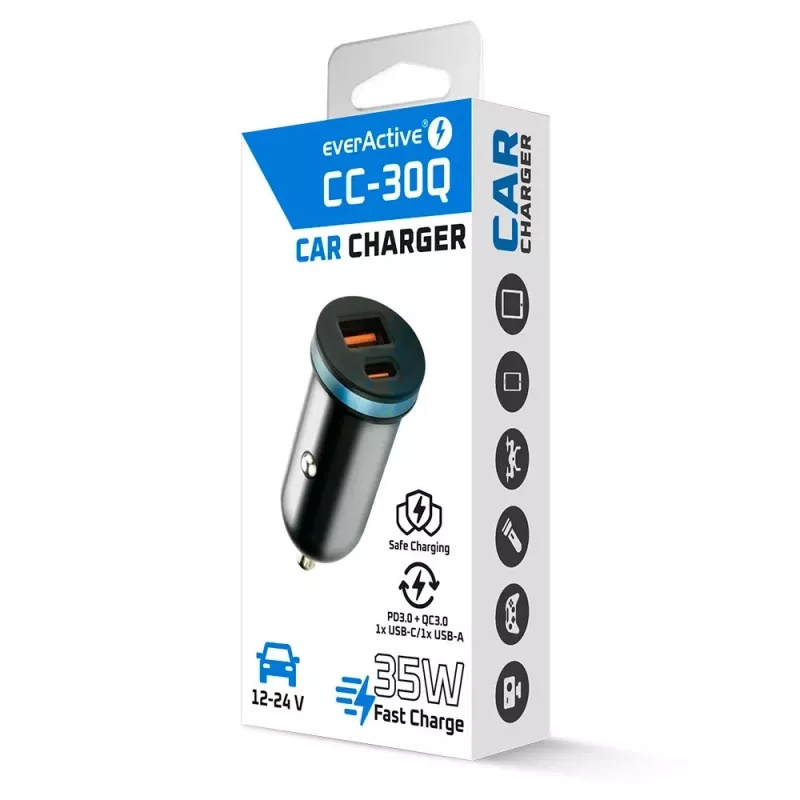 Ładowarka samochodowa everActive CC-30Q QC3.0 35W — 1x USB-A, 1x USB-C, szybkie ładowanie