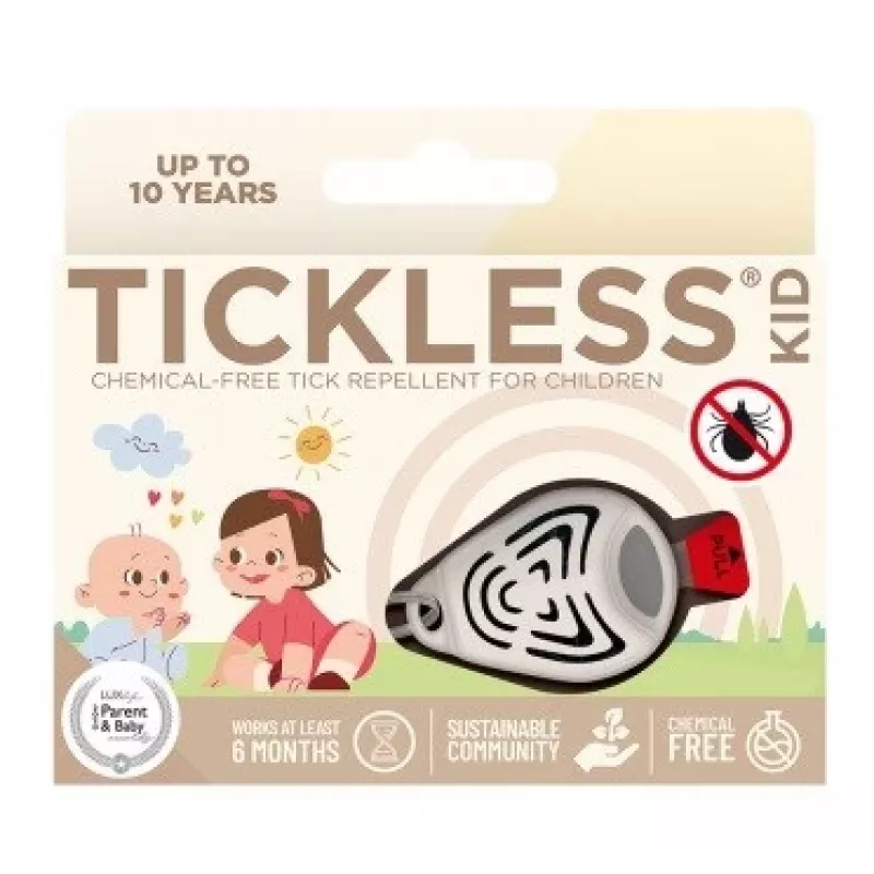 Ultradźwiękowy odstraszacz kleszczy TICKLESS PRO-104BE dla zwierząt — noszony, zasilany bateriami, wodoodporny, zasięg 1,5 m, beżowy