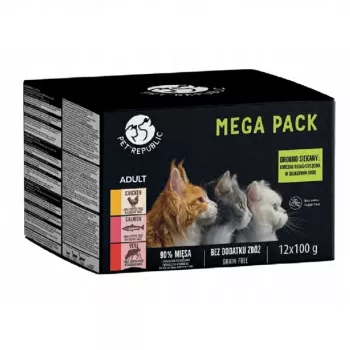 Mokra karma dla kota w saszetkach PetRepublic 12x100g — kurczak, łosoś, cielęcina