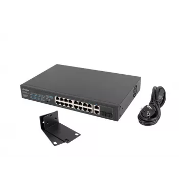 Przełącznik niezarządzalny LANBERG RSFE-16P-2C-150 — 18-portowy Gigabit, 16 PoE+/2 SFP, 150 W, 1U, metal, czarny