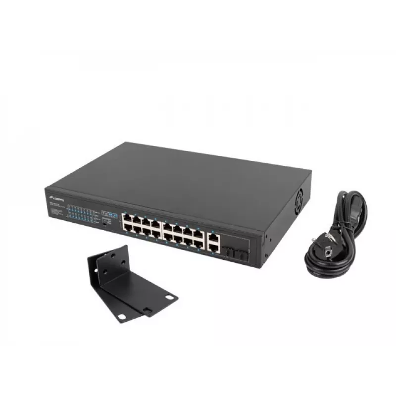 Przełącznik niezarządzalny LANBERG RSFE-16P-2C-150 — 18-portowy Gigabit, 16 PoE+/2 SFP, 150 W, 1U, metal, czarny