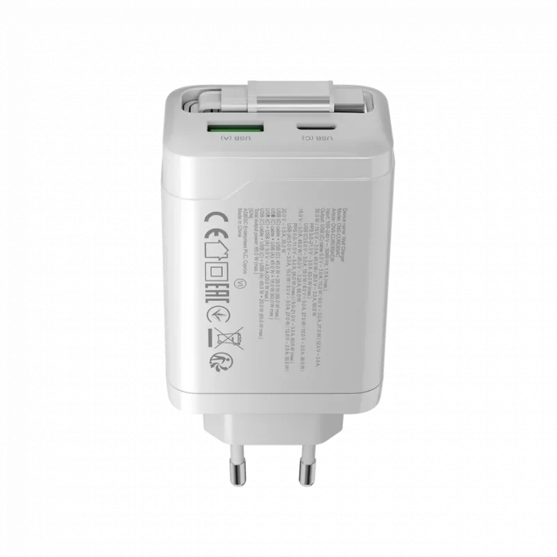 Ładowarka CANYON OnCharge 65RC z wbudowanym kablem USB-C 65W, 1x PD, 1x QC, wtyczka EU, biała