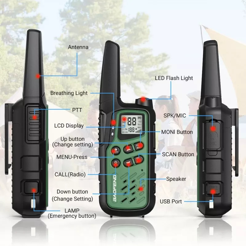 Ręczne krótkofalówki Baofeng BF-T25E — 16 kanałów, 2×1400 mAh Li‑Ion, VOX, LCD, zielony, zestaw 2 szt.