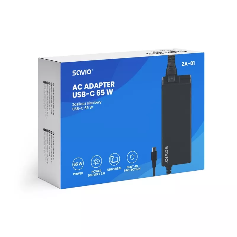 Ładowarka sieciowa SAVIO ZA-01, 65 W USB-C PD 3.0, wejście 100–240 V, jeden port, czarna