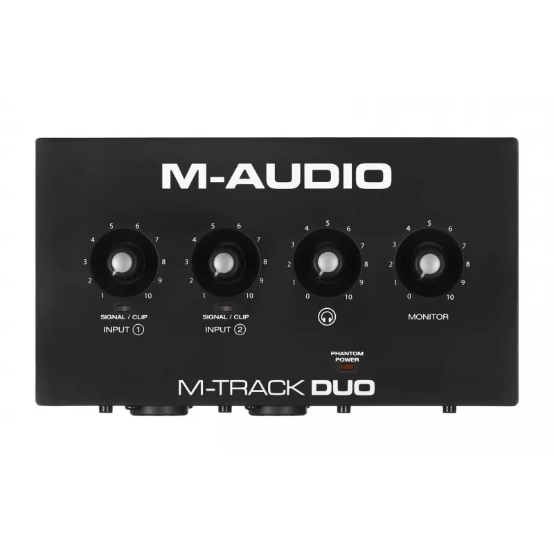 Interfejs audio M-Audio M-Track Duo — USB 2 we/2 wy, 16-bit/48 kHz, 1x combo XLR/TS, 1x wejście instrumentalne, phantom 48V