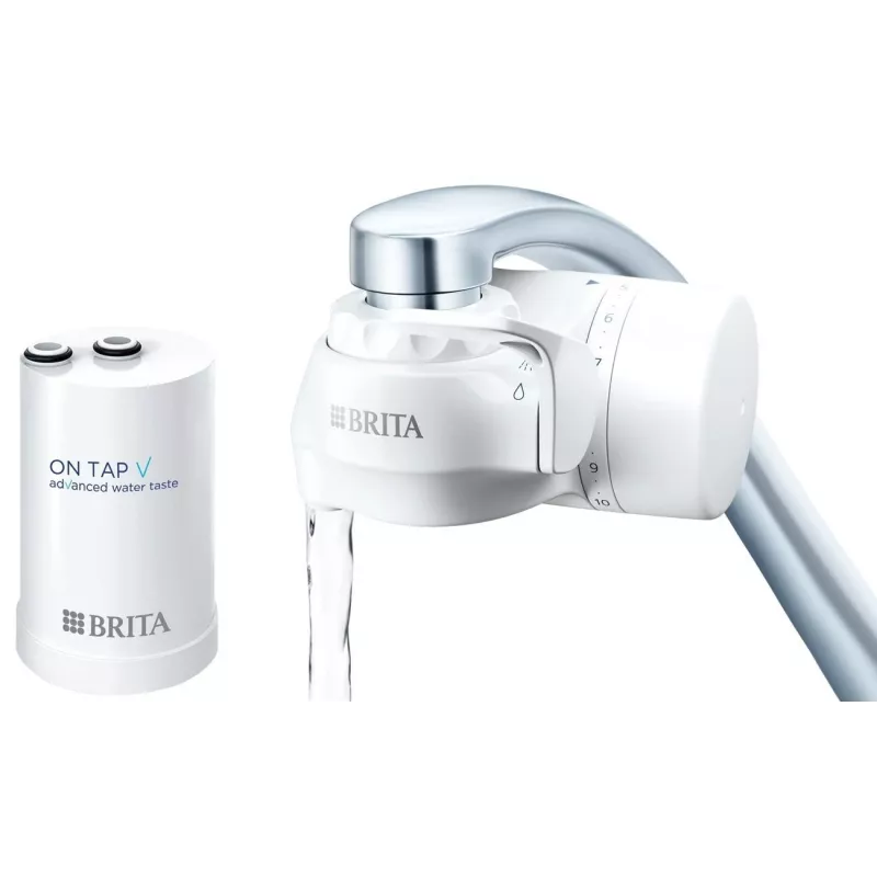 Filtry do wody do kranu BRITA ON TAP V CU CE2 (1052067) — 4-stopniowe, pojemność 600 L, 3 tryby, 5 adapterów, biały
