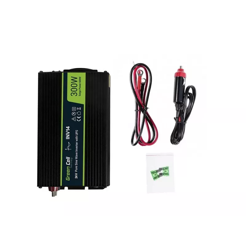 Falownik zielony Cell INV14 300W DC 24V na 230V z USB, wtyczka typu E, aktywne chłodzenie