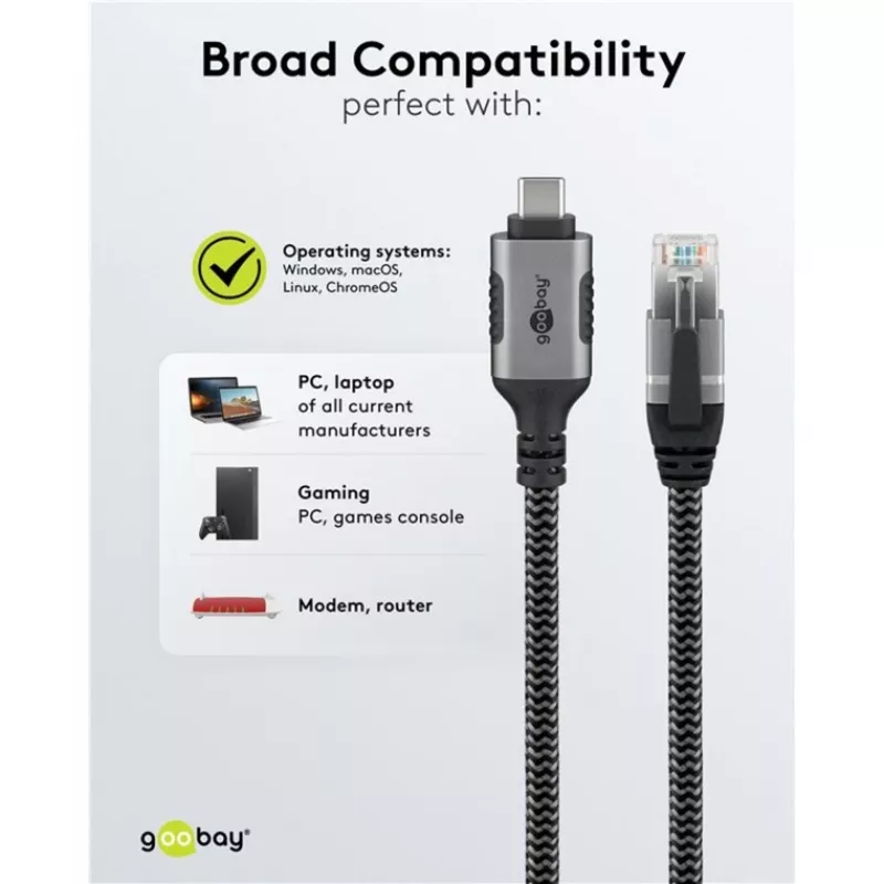 Kabel Ethernet USB-C 3.2 Gen2 wtyczka > wtyczka RJ-45 (czarny/srebrny, 5 metrów, pleciona osłona tekstylna)