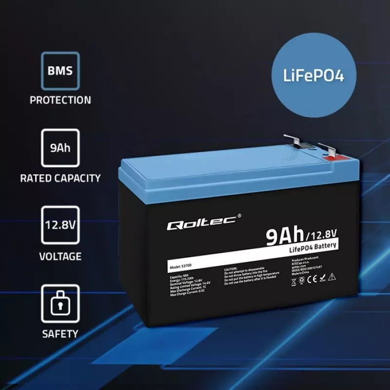 bateria LiFePO4 Lithium Iron Phosphate 12.8V 9Ah 115.2Wh
