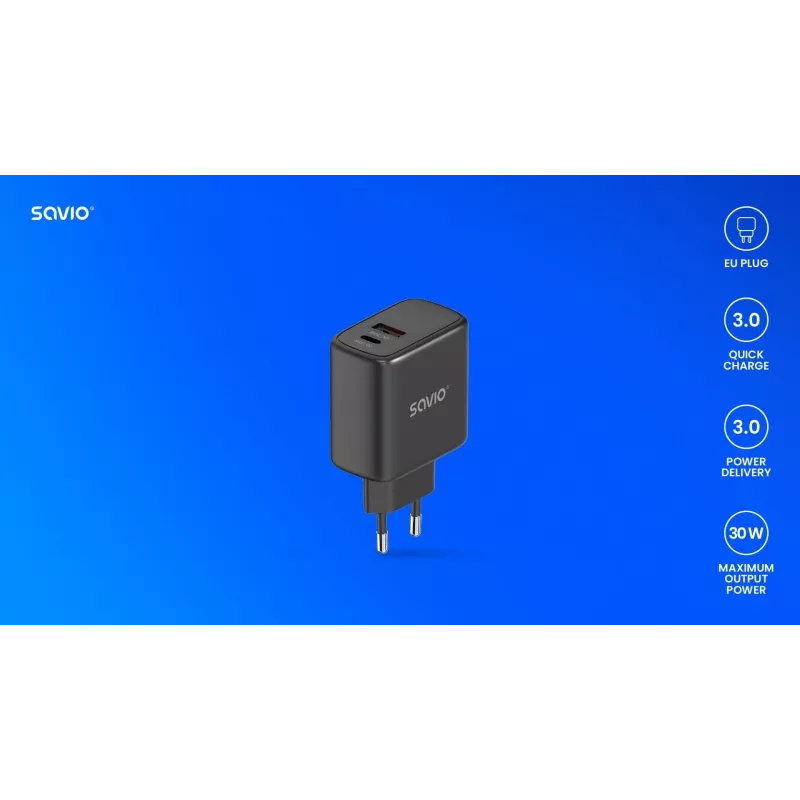 Ładowarka zewnętrzna SAVIO LA-06/B USB Type-C 30W Power Delivery 1x USB-C Czarny, 5–20V, 3A/9V, 3A/5V, 3A/12V, 2.1A