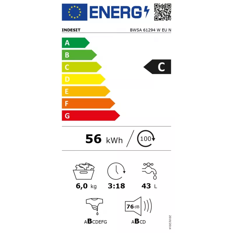 Pralka Indesit BWSA 61294 W EU N — Ładowanie od przodu, 6 kg, 1151 obr./min, Głębokość 42,5 cm, Szerokość 59,5 cm, Wyświetlacz, Big Digit, Biały, Klasa energetyczna C