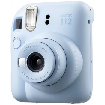 Aparat natychmiastowy Fujifilm Instax Mini 12 niebieski — wydruki 86 x 54 mm, ogniskowa 60 mm, migawka elektroniczna