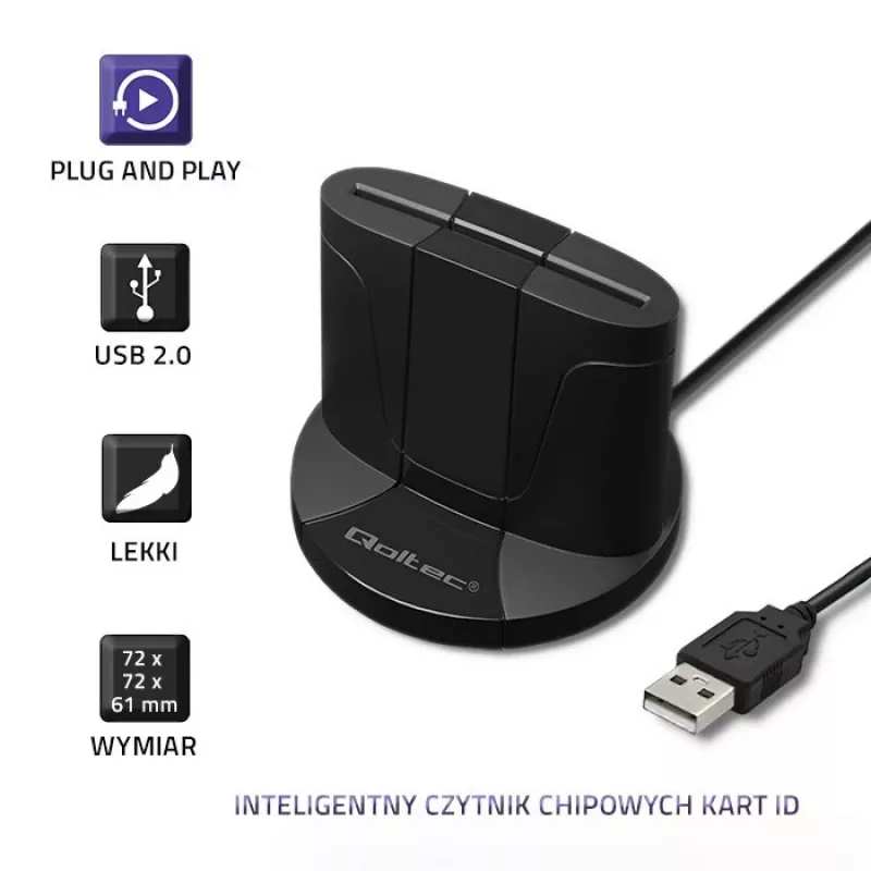 Czytnik kart inteligentnych Qoltec 50632 USB 2.0 Czarny Kabel 1m