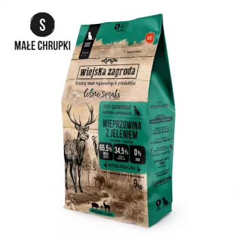 Sucha karma dla psów wiejskazagroda Forest Flavors Wieprzowina z dziczyzną Chrupiąca S – Mała rasa, 9 kg, 31% białka, 20% tłuszczu, bezzbożowa