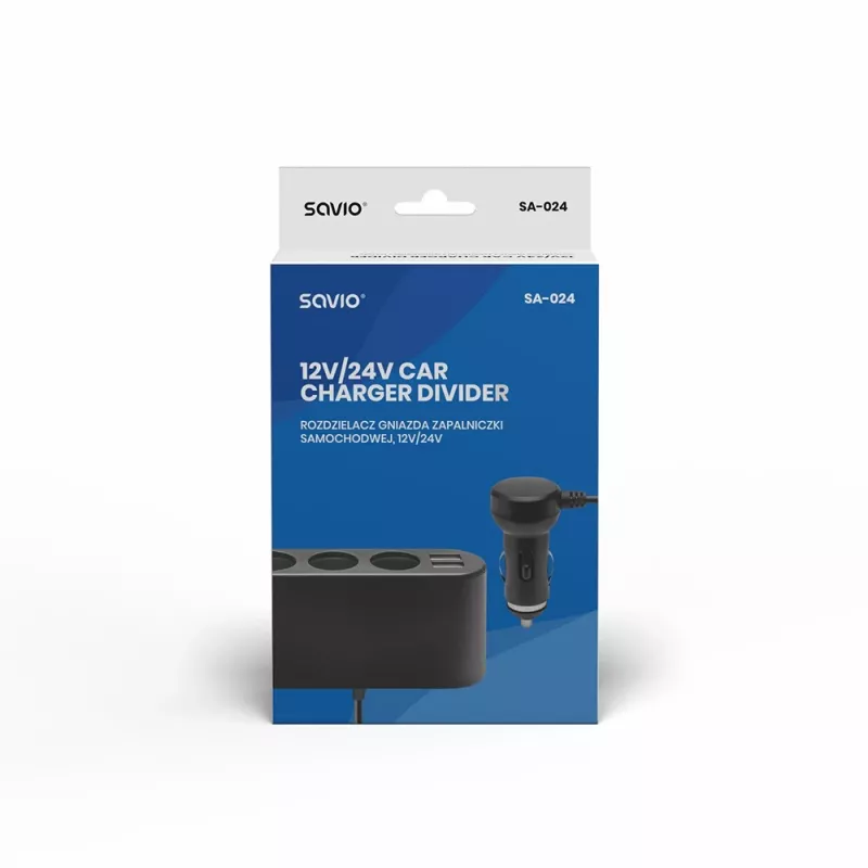 Ładowarka samochodowa USB SAVIO SA-024 — uniwersalna ładowarka do urządzeń mobilnych, wejście 12–24 V, wyjście 5 V, czarna, gniazdo zapalniczki