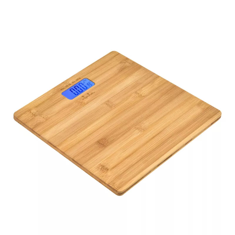 Elektroniczna waga osobista Jata HBAS1489 — maksymalne obciążenie 180 kg, dokładność 100 g, wyświetlacz LCD 10,2 cm, platforma bambusowa