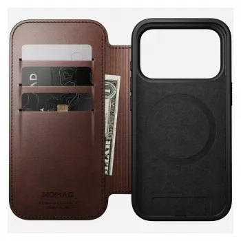 Etui do telefonu Nomad Modern Leather Folio dla iPhone 17 Pro, skóra/aluminium, 16 cm (6,3 cala) brązowy, 4 kieszenie na karty