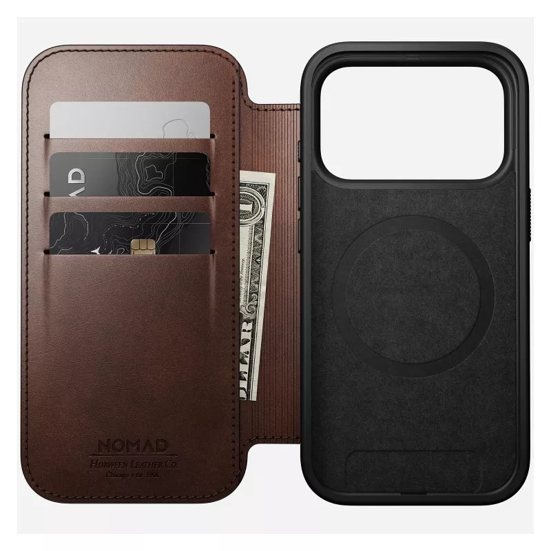 Etui do telefonu Nomad Modern Leather Folio dla iPhone 17 Pro, skóra/aluminium, 16 cm (6,3 cala) brązowy, 4 kieszenie na karty