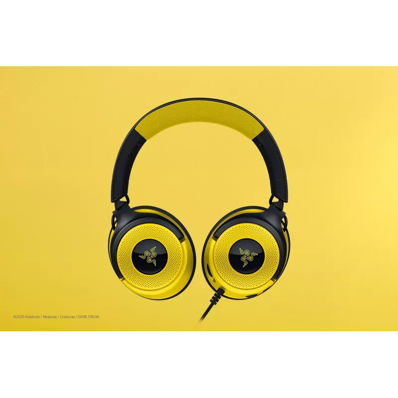 Zestaw słuchawkowy Razer Kraken V4 X Pokemon — przewodowy USB-C/USB-A, nauszny, 20–20000 Hz, kabel 1,8 m, 310 g, czarny/żółty