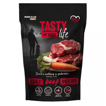 Mokra karma dla psa BIOFEED Tasty Life wołowina 90% 500 g saszetka, pełnoporcjowa karma dla dorosłych psów, białko 12%, tłuszcz 6,5%, wilgotność 79%