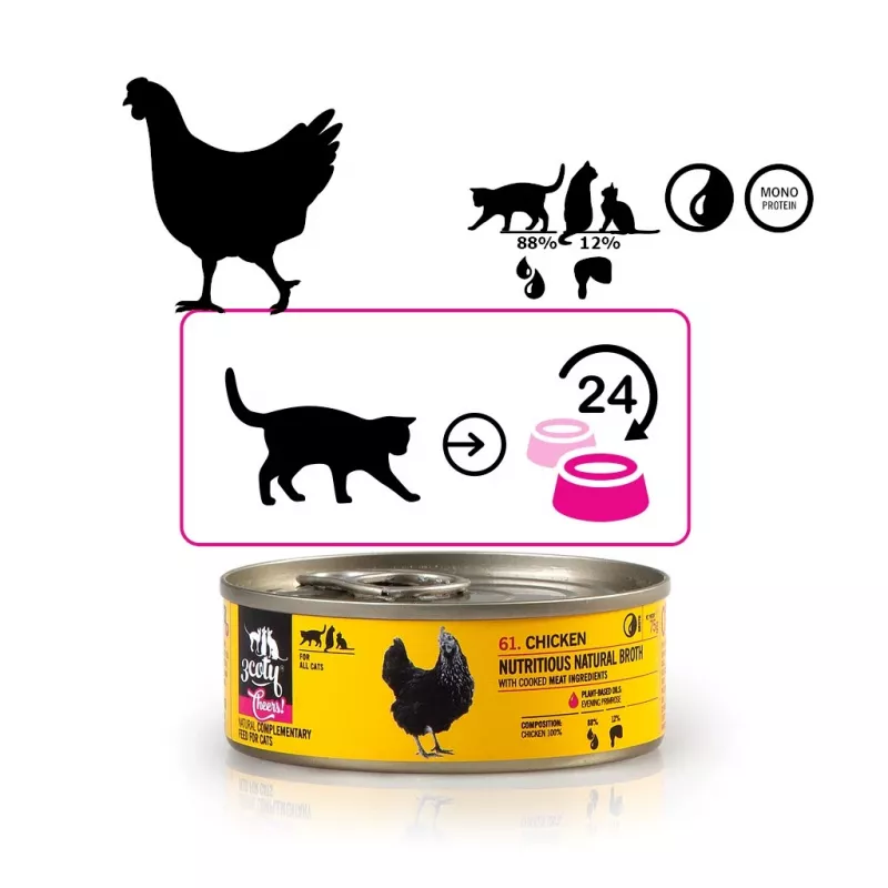 Mokra karma dla kota 3coty Chicken Cheers 75 g — kompletna mokra karma dla dorosłych kotów, saszetka na jedną porcję, 12% białka, 7,5% tłuszczu, 80% wilgotności