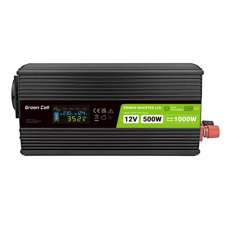 Przetwornica napięcia Green Cell PowerInverter LCD 12 V 500W/1000W do samochodu z wyświetlaczem - adapter/przetwornica czystej fali sinusoidalnej Auto Czarny