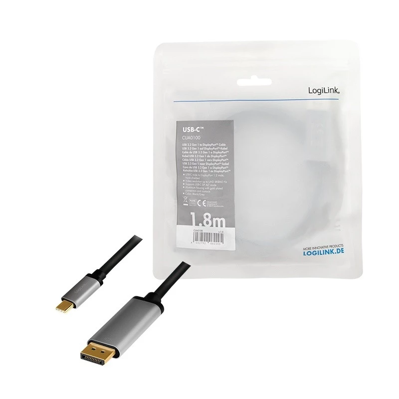 LogiLink CUA0100 Kabel przejściówka DisplayPort USB 3.2 Gen1 Type-C 1.8m Czarny Szary