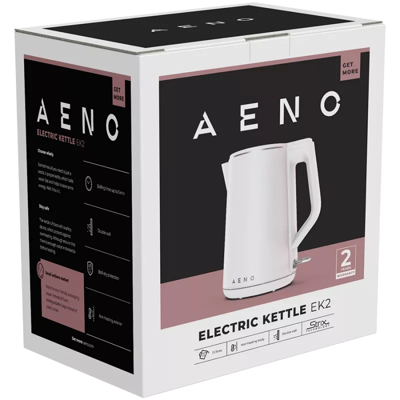 Czajnik elektryczny AENO EK2: 1850-2200W, 1,5L, Strix, podwójne ścianki, nie nagrzewający się korpus, automatyczne wyłączanie, zabezpieczenie przed suchym gotowaniem