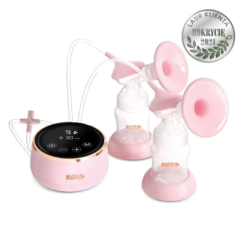 Elektryczny laktator neno Bella Twin — elektroniczny, butelki 150 ml, 6 poziomów stymulacji / 9 poziomów ssania, bateria litowo-jonowa USB, różowy/przezroczysty