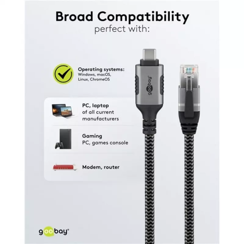 Kabel Ethernet USB-C 3.2 Gen2 wtyczka > wtyczka RJ-45 (czarny/srebrny, 5 metrów, pleciona osłona tekstylna)
