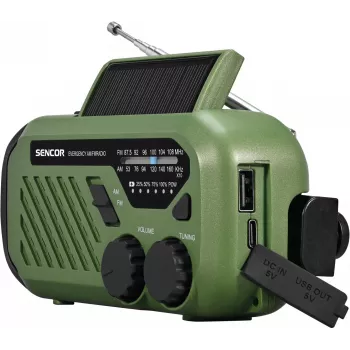Przenośne radio FM/AM SENCOR SRD1000SCLGR z Bluetooth, ładowanie solarne/korbką/USB-C, akumulator 2000 mAh, IPX4, oświetlenie LED