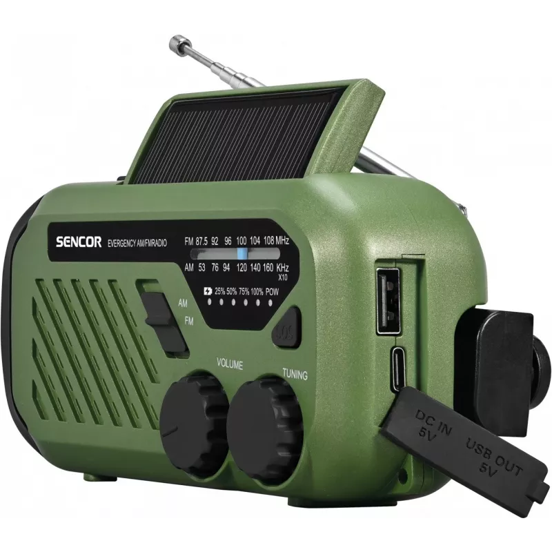 Przenośne radio FM/AM SENCOR SRD1000SCLGR z Bluetooth, ładowanie solarne/korbką/USB-C, akumulator 2000 mAh, IPX4, oświetlenie LED