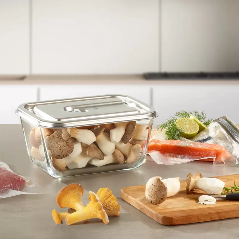 Szklany pojemnik próżniowy Caso z plastikową pokrywką | VacuBoxx Stal nierdzewna XL | Przezroczysty