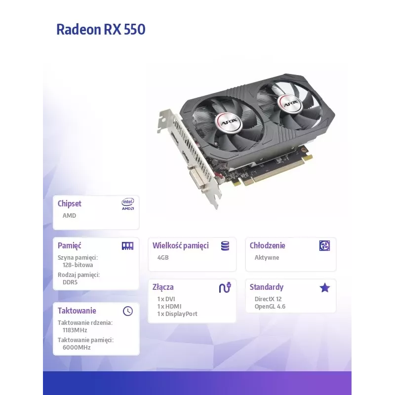 Karta graficzna AFOX AMD Radeon RX 550 4 GB GDDR5 PCIe 3.0, 1183 MHz, 128-bit, Dual-fan