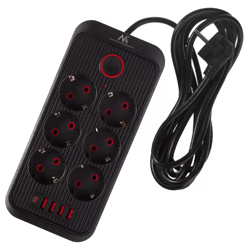 Listwa zasilająca MACLEAN MCE391 B – 6 gniazd, 4×USB-A + 1×USB-C, 110–240V, 2500W, kabel 3 m, czarna