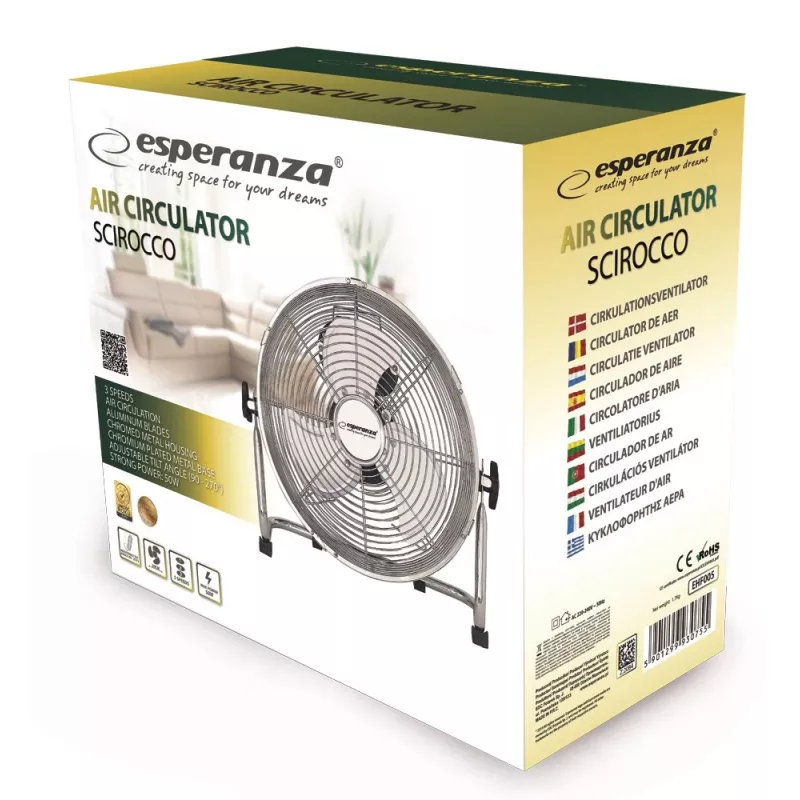 Wentylator stołowy ESPERANZA EHF005 Scirocco 12 cali — 3 prędkości, średnica 36 cm, chrom, 50 W