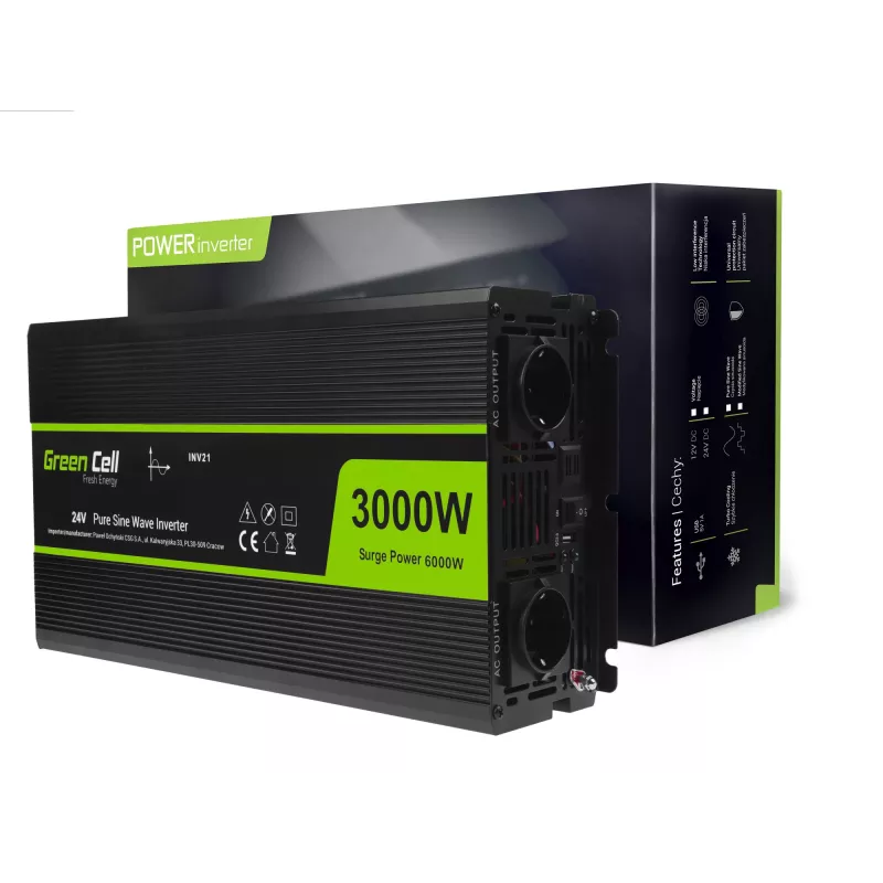 Przetwornica samochodowa zielony Cell INV21 6000 W, 24V DC-na-AC, wyjście 230V, 2x USB PD, aktywne chłodzenie, odłączane złącza DC, czarna