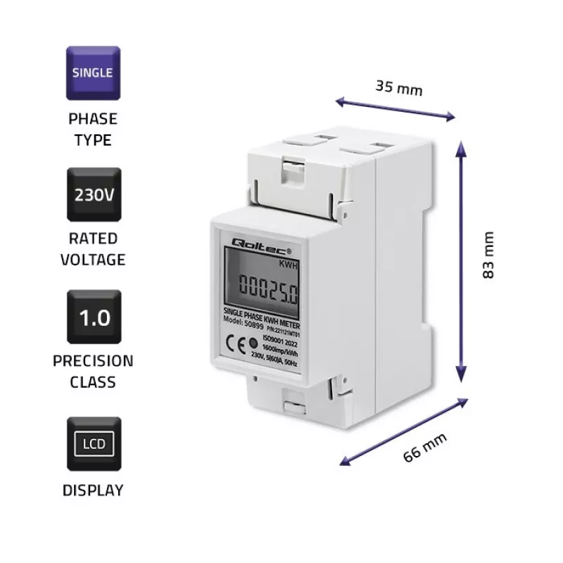 Jednofazowy licznik zużycia energii QOLTEC 50899 230 V 50 Hz, 5(60)A, Klasa 1.0, Wyświetlacz