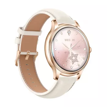 Smartwatch Colmi L28 ze złotą kopertą i złotym skórzanym paskiem