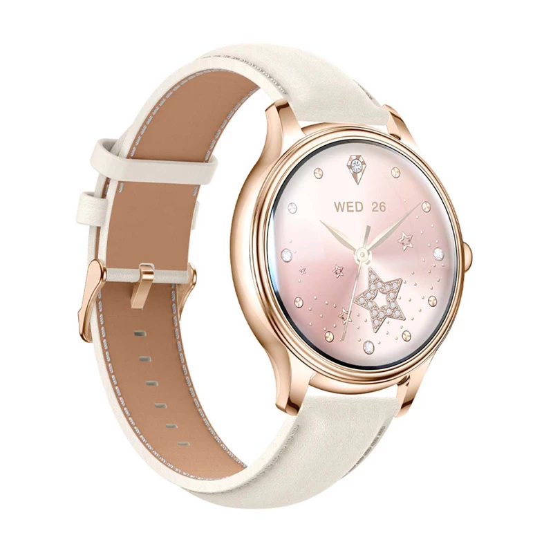 Smartwatch Colmi L28 ze złotą kopertą i złotym skórzanym paskiem