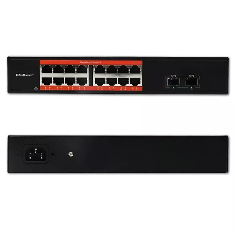 Przełącznik sieciowy QOLTEC 52364 — Gigabit Ethernet PoE 16xRJ45, 2xSFP