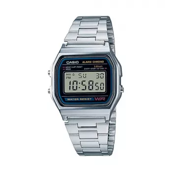 Zegarek na rękę CASIO A158WA-1DF — cyfrowy, koperta z żywicy, pasek ze stali nierdzewnej, 33,2×36,8×8,2 mm, bateria CR2016