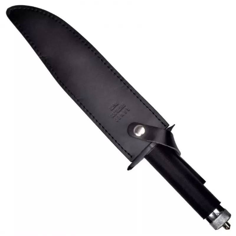 Stały nóż survivalowy cinema classic CC-H2 — 400 mm całkowita, 250 mm ostrze ze stali, gładkie i ząbkowane, czarna rękojeść, w zestawie skórzana pochwa