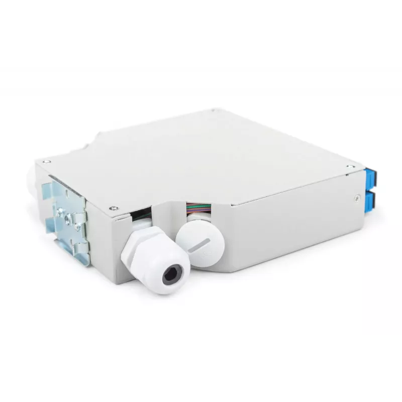 Światłowodowa puszka na szynę DIN DIGITUS DN-963890, OS2, adapter SC z pigtailem 2 m, stal, niebiesko-szary
